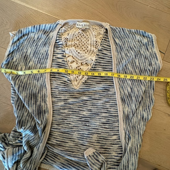 Knox and Rose Knit Topper Wrap Bohemian Coverup Denim and Cream with Lace Design - Picture 2 of 6